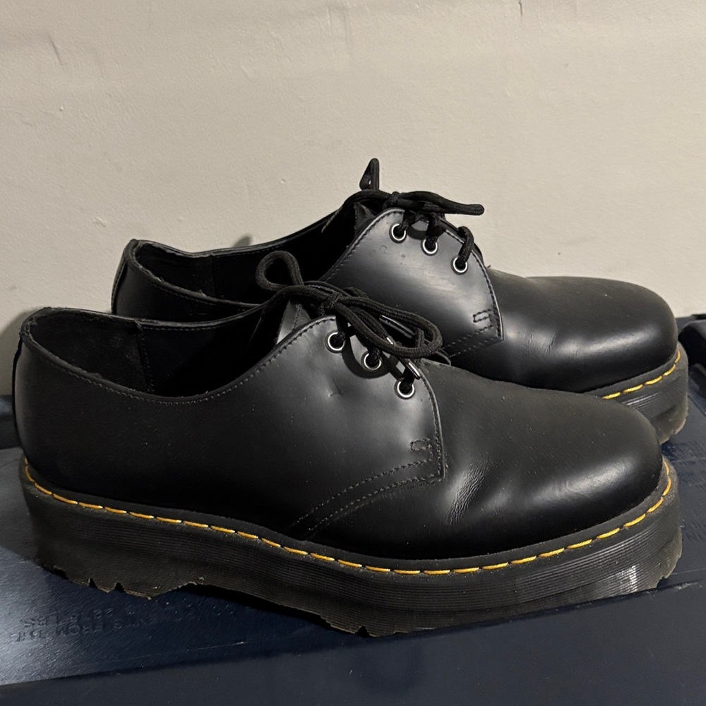 Dr. Martens Black Leather Oxfords with Yellow Stitching